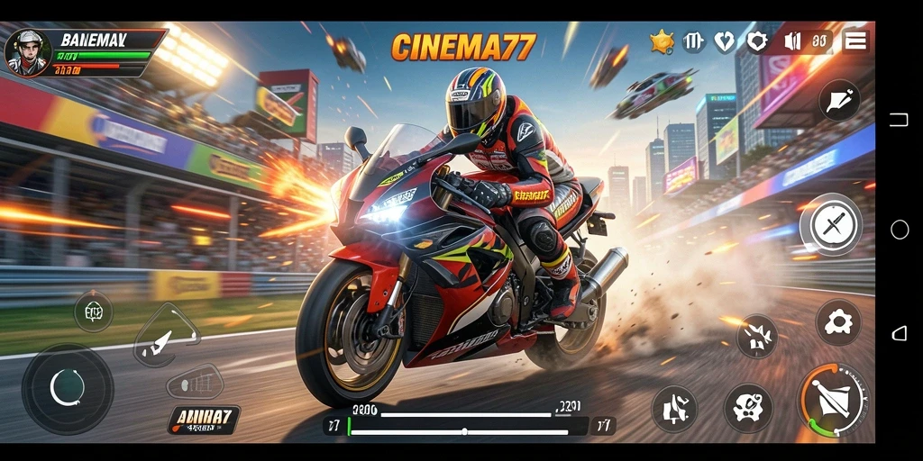 Screenshot gameplay CINEMA77 menampilkan balapan motor yang seru dan penuh aksi.