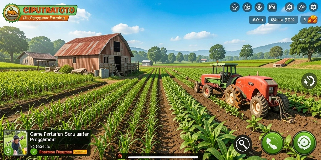 Gameplay seru CIPUTRATOTO menampilkan kebun yang subur dan hewan ternak.
