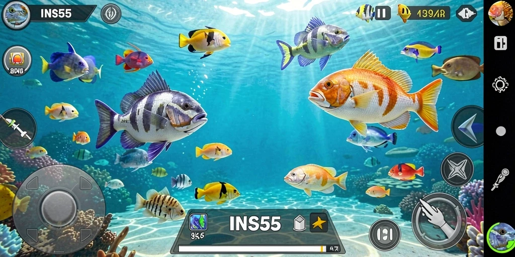 Screenshot menunjukkan aksi seru menembak ikan di bawah laut.