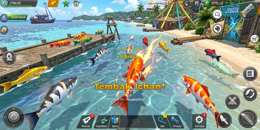 Gameplay JTBLUE yang seru dengan berbagai ikan untuk ditangkap.