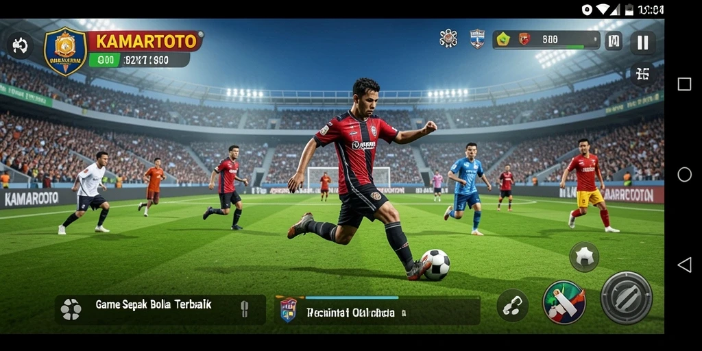 Screenshot KAMARTOTO menampilkan aksi seru di lapangan sepak bola.