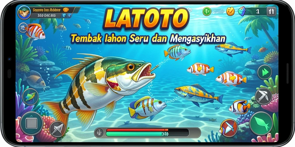Screenshot menunjukkan aksi menembak ikan yang seru di LATOTO.