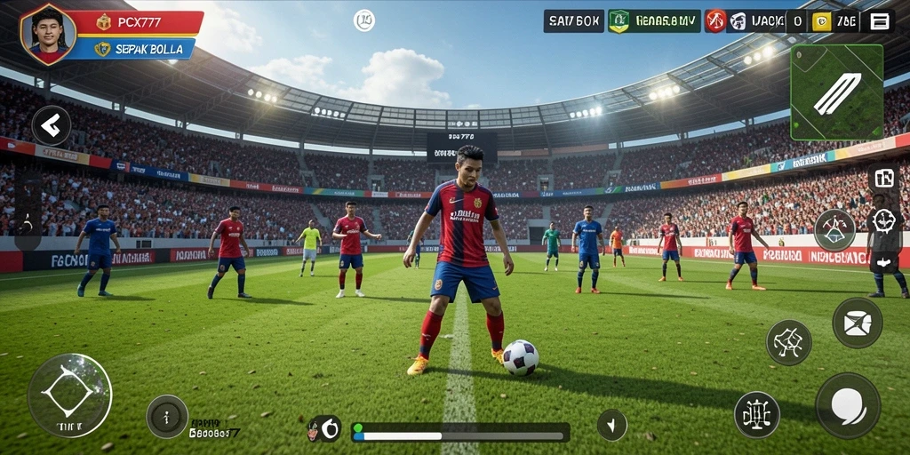 Screenshot utama menampilkan aksi mendebarkan di lapangan sepak bola.