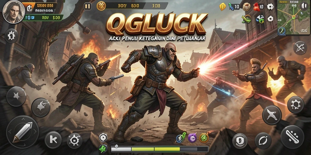 Tampilan gameplay QGLUCK dengan pertarungan aksi yang intens.