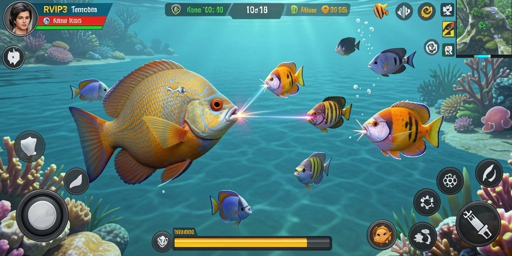 Screenshot gameplay RVIP3 yang menampilkan aksi menembak ikan.