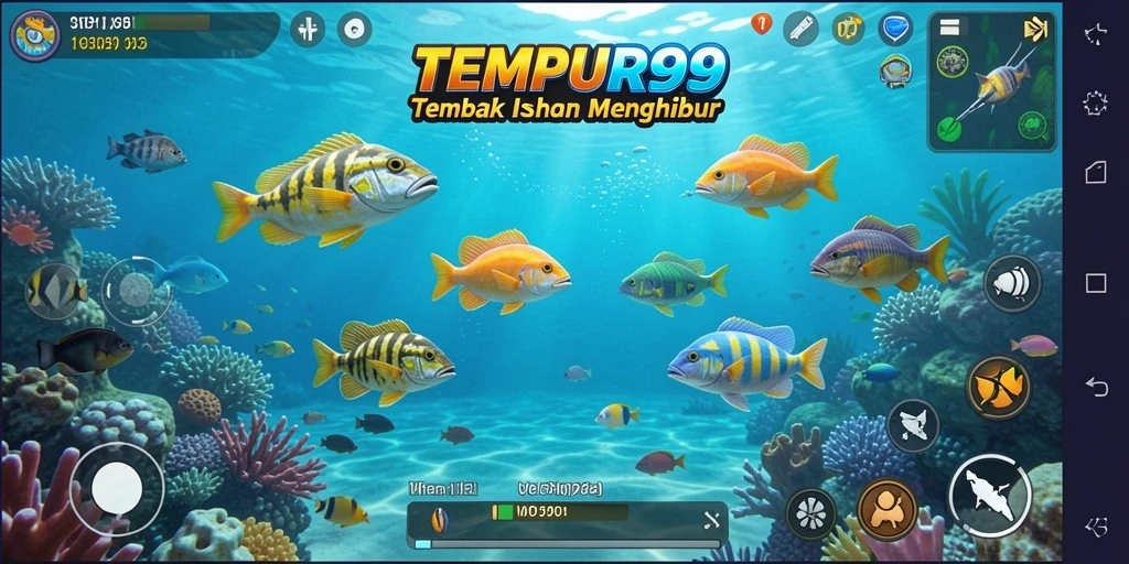 Tangkapan layar gameplay TEMPUR99 menunjukkan keseruan berburu ikan di laut yang penuh warna.