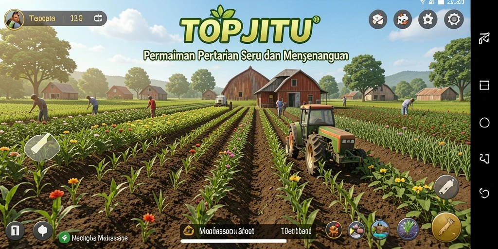 Tampilan gameplay TOPJITU yang menarik dengan aktivitas bertani yang seru.