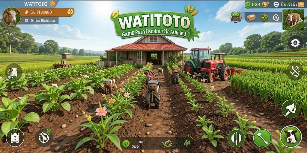 Screenshot gameplay WATITOTO menampilkan ladang yang subur dan beragam tanaman.